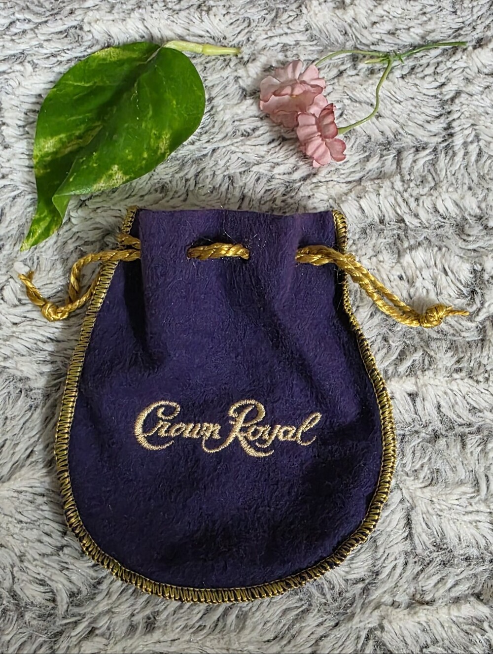 Small Crown Royal Bag Purple Fabric with Gold Color Drawstring 5 Inches